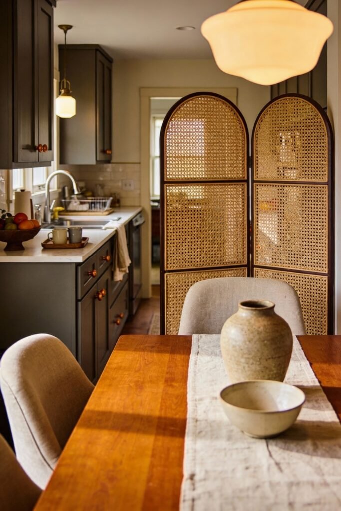 Kitchen Dining Room Combo Ideas That Feel Effortless 24 Intimate kitchen dining room combo with dark cabinetry, neutral upholstered chairs, a wood dining table, and a rattan room divider adding texture and soft separation between spaces.