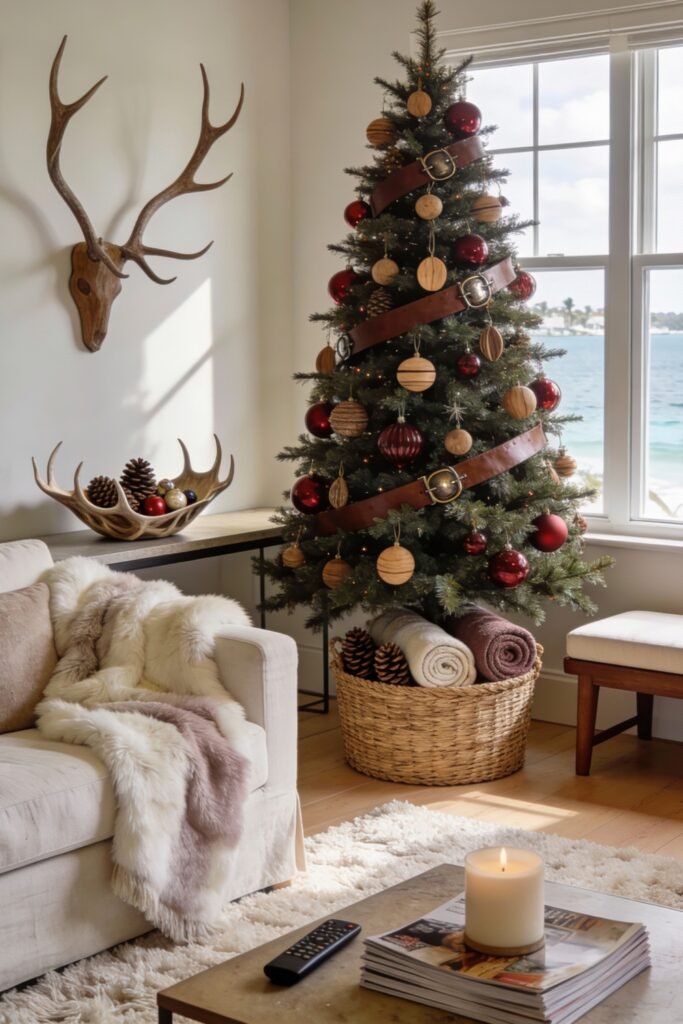 A Christmas tree wrapped in a wide leather belt and decorated with woodgrain and red ornaments stands by a window with an ocean view, beside a cozy white sofa and natural pinecone accents, blending Christmas décor with equestrian flair.