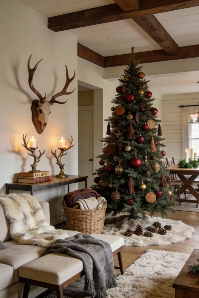 A tall tree decorated with rich red, gold, and brown ornaments and tassels glows in a wood-beamed room, beside a cozy sitting area with faux fur throws and pine accents, offering a warm and rustic ralph lauren christmas tree feel.