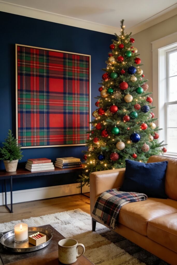 A festive Christmas tree with classic red, green, and gold ornaments stands in a room with navy walls and a bold tartan art piece, near a tan leather sofa with a plaid blanket, radiating ralph lauren christmas tree energy.