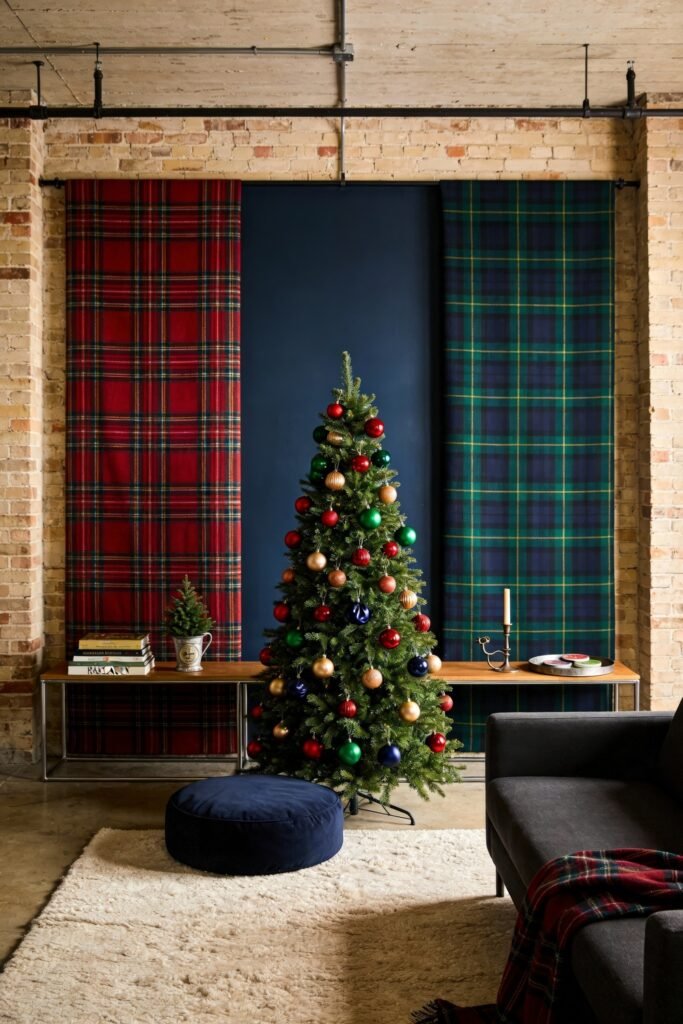 A small Christmas tree decorated with colorful ornaments stands against a navy accent wall framed by large red and green tartan panels, blending urban loft style with ralph lauren christmas tree charm.