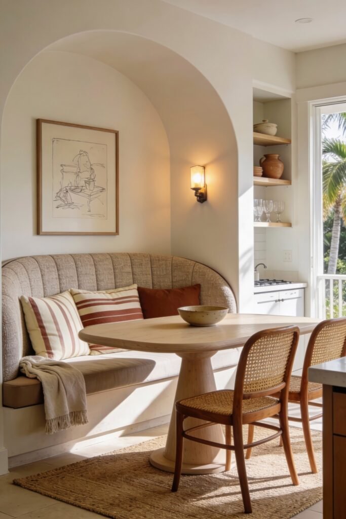 Kitchen Dining Room Combo Ideas That Feel Effortless 4 Cozy dining nook with a built-in upholstered banquette under an arched alcove, featuring a light wood pedestal table, cane chairs, and soft lighting, seamlessly blending into a small kitchen space.