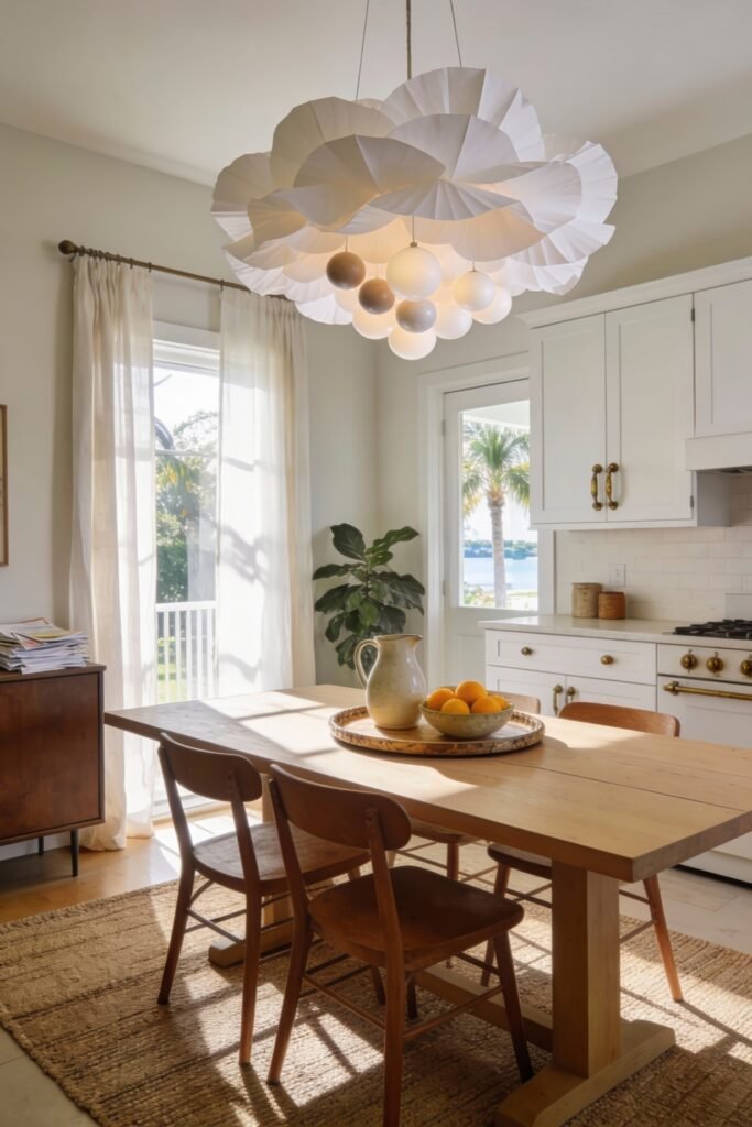 Kitchen Dining Room Combo Ideas That Feel Effortless 6 Bright and minimal kitchen dining room combo with a wood dining table, mid-century style chairs, a bold sculptural pendant, and white cabinetry, with natural light streaming through sheer curtains and a view of the water outside.