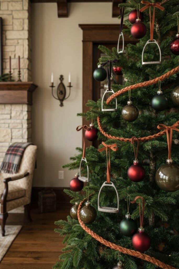 Close-up of a Christmas tree adorned with dark red, green, and bronze baubles and metal stirrup ornaments, wrapped in braided leather garland, capturing an equestrian-inspired ralph lauren christmas tree aesthetic.
