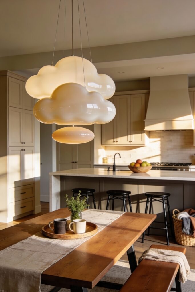 Kitchen Dining Room Combo Ideas That Feel Effortless 7 Moody kitchen dining room combo with a farmhouse-style wood table and bench, black bar stools at a light stone island, and a cluster of glossy cloud-like pendant lights, blending rustic charm and playful design.
