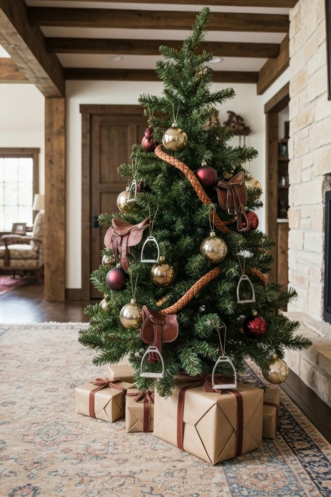 A small Christmas tree decorated with stirrups, gold ornaments, and leather saddle-shaped decorations stands on a patterned rug, with kraft-paper-wrapped gifts beneath, echoing equestrian-themed Christmas décor.