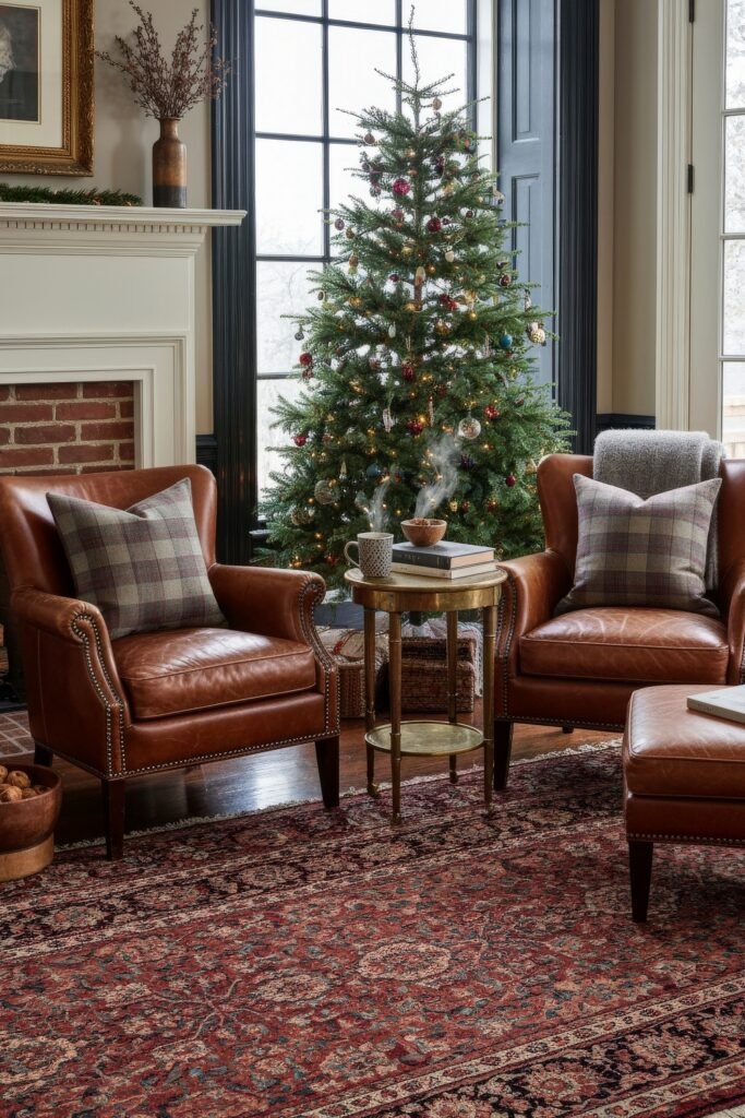 A lush Christmas tree decorated with red, gold, and silver ornaments glows near tall windows, framed by brown leather armchairs with plaid pillows, exuding classic ralph lauren christmas tree charm.