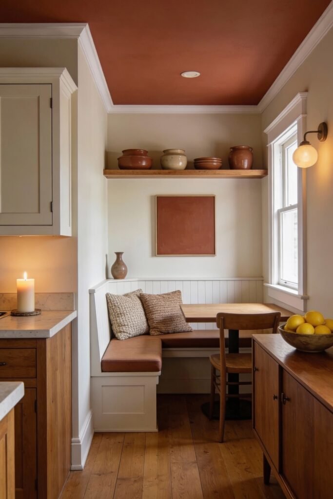 Kitchen Dining Room Combo Ideas That Feel Effortless 8 Intimate breakfast nook tucked in a corner with a built-in bench and soft-toned cushions, small wood table, and earthy decor elements under a rust-colored ceiling, creating a cozy kitchen dining room combo.