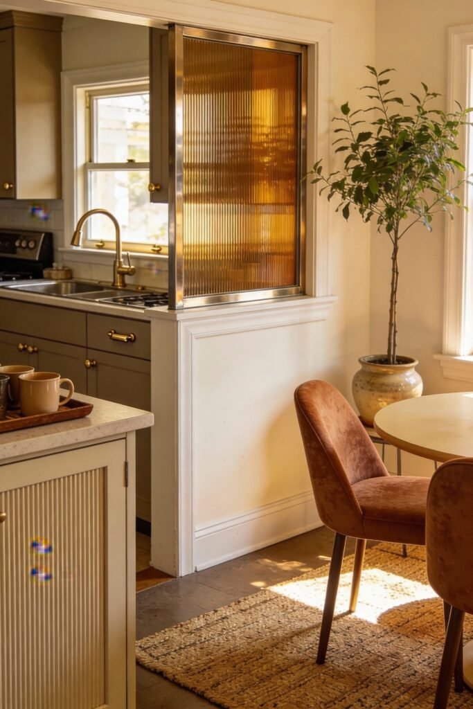 Kitchen Dining Room Combo Ideas That Feel Effortless 9 Warm-toned corner dining area next to a kitchen pass-through with amber glass, featuring rust-colored velvet chairs and a round table, softly lit by afternoon sun and accented with a tall potted plant.