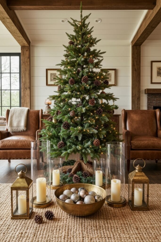 A Christmas tree adorned with pinecones and soft white lights stands between two leather chairs, surrounded by lanterns, candles, and a brass bowl of metallic ornaments, giving the space a natural and elegant Christmas décor vibe.