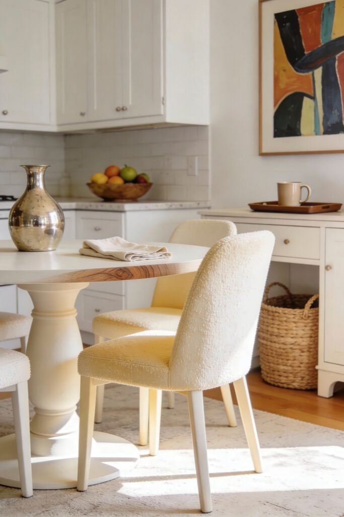 Kitchen Dining Room Combo Ideas That Feel Effortless 11 Bright kitchen dining room combo with a round pedestal table, boucle chairs, white cabinetry, and colorful abstract wall art, creating a soft modern space with natural textures.