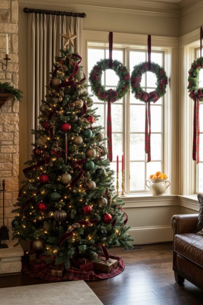 A full Christmas tree decorated with red, green, and gold ornaments and ribbon stands by a window with three wreaths hung on plaid bows, with wrapped gifts below on a tartan skirt, capturing a classic ralph lauren christmas tree look.