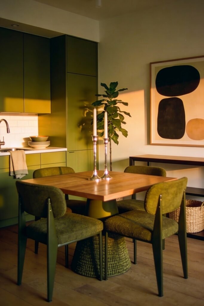 Kitchen Dining Room Combo Ideas That Feel Effortless 12 Modern kitchen dining area with olive green cabinets, a wood square table, mid-century chairs, and abstract artwork, bathed in warm sunset light for an intimate combo space.