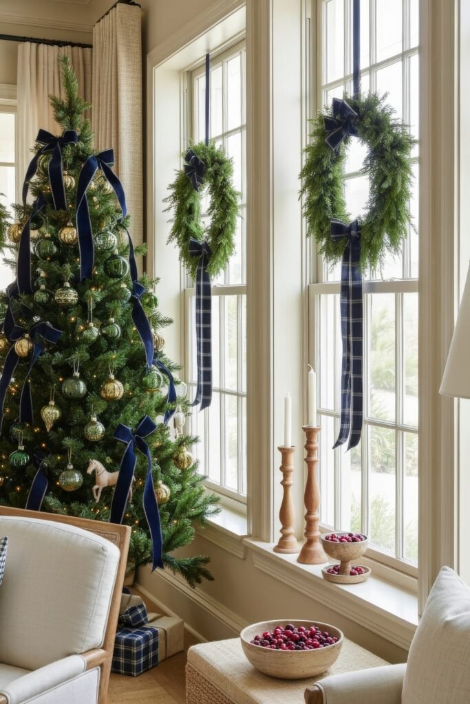 A slender Christmas tree decorated with gold and green ornaments, deep blue ribbon, and a small horse figure stands beside tall windows with blue plaid-ribboned wreaths, blending elegant Christmas décor with subtle equestrian accents.