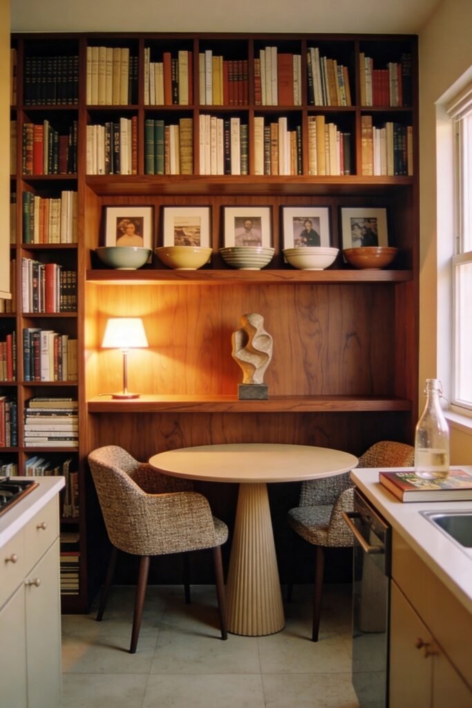 Kitchen Dining Room Combo Ideas That Feel Effortless 14 Cozy library-style nook tucked in a compact kitchen, with a round fluted pedestal table, two upholstered chairs, and a wall of books and framed photos creating a warm intellectual ambiance.