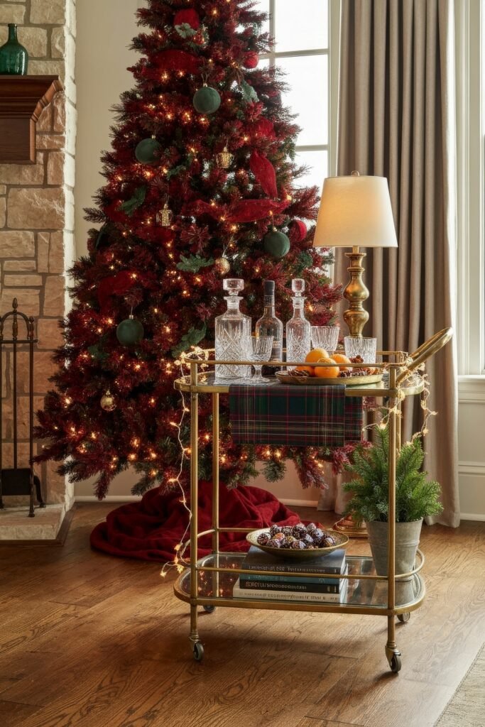 A richly decorated Christmas tree in deep red and green hues glows beside a vintage-style brass bar cart topped with crystal decanters and a tartan cloth, capturing a luxurious ralph lauren christmas tree atmosphere.