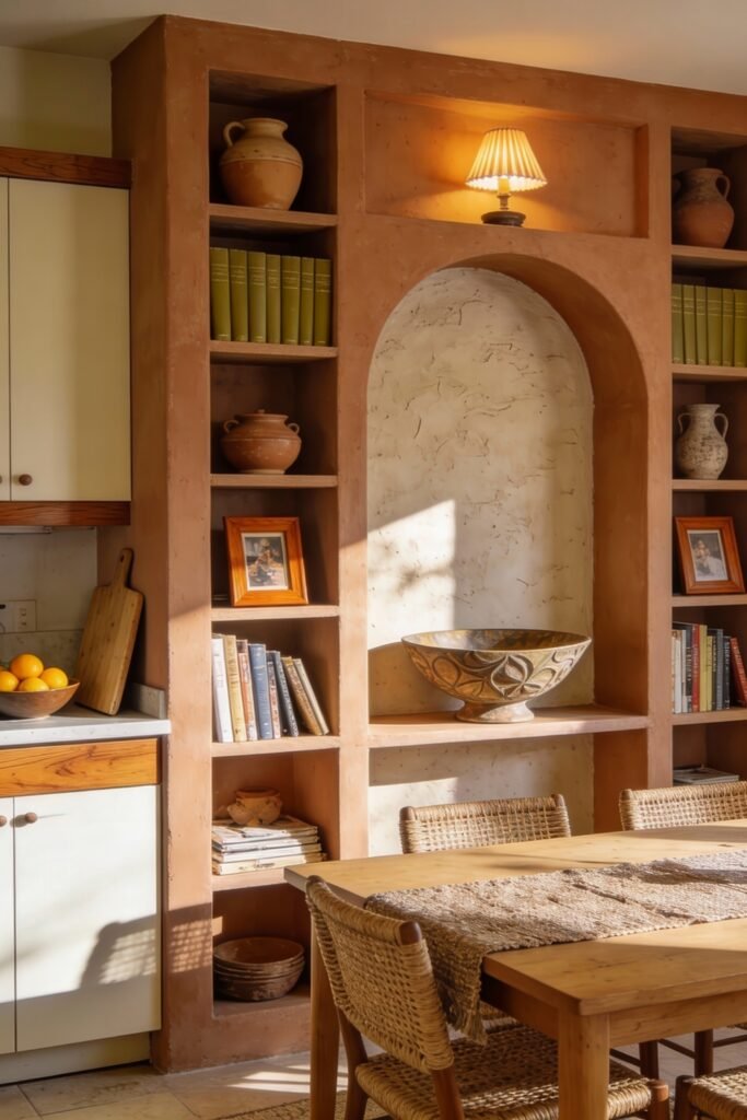 Kitchen Dining Room Combo Ideas That Feel Effortless 15 Rustic Mediterranean-inspired kitchen dining room combo with natural wood cabinets, terracotta built-ins, woven chairs, and soft lighting, blending books, pottery, and art into a homely space.