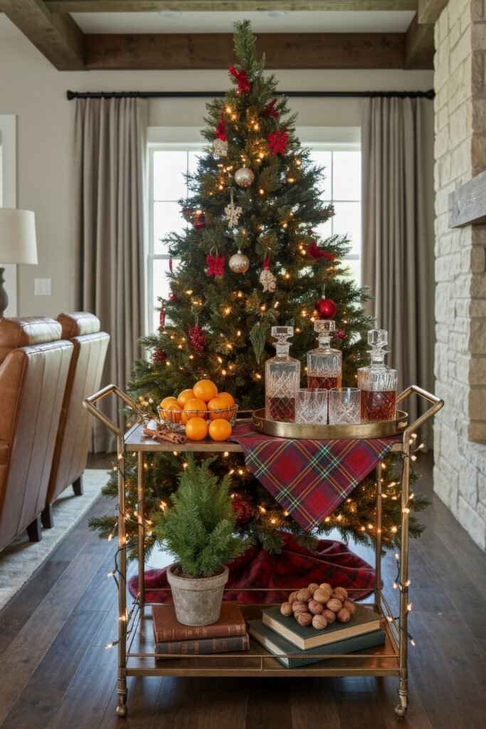 A warmly lit Christmas tree with red poinsettia ornaments stands behind a brass bar cart adorned with crystal decanters, oranges, and a plaid cloth, blending rustic elegance with festive Christmas décor.