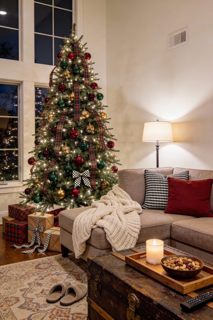 A glowing Christmas tree adorned with red, gold, and green ornaments and plaid ribbon stands beside a cozy sectional with festive pillows and gifts wrapped in tartan paper, evoking a ralph lauren christmas tree style.