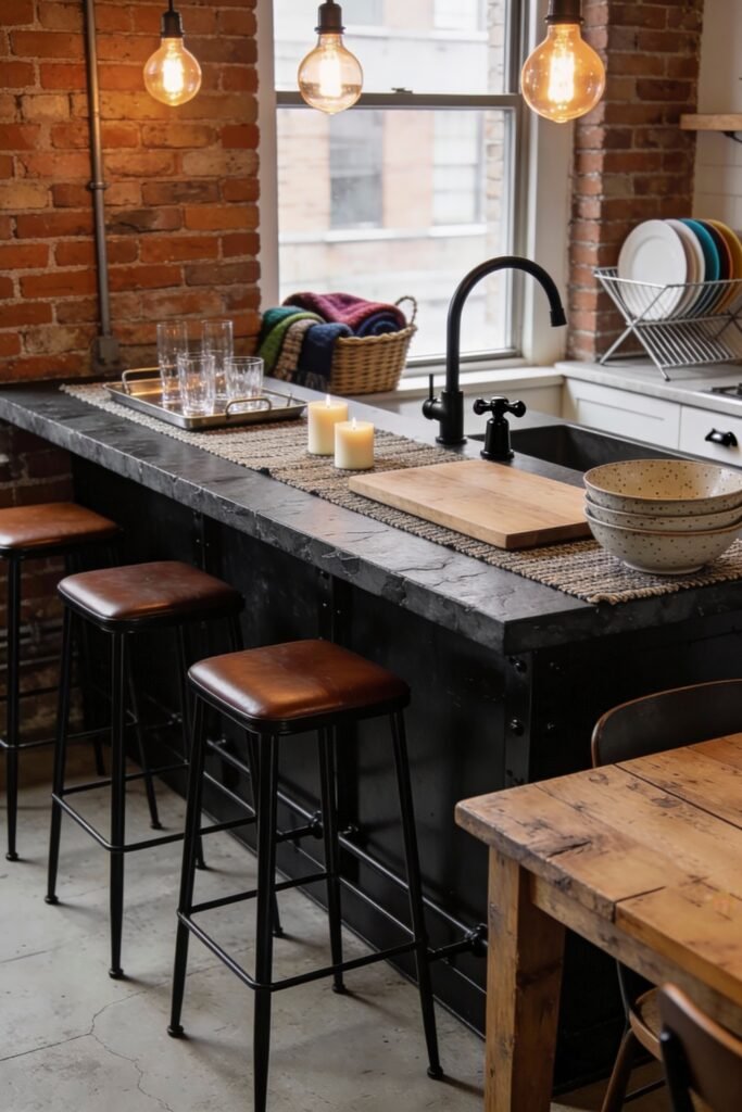 Kitchen Dining Room Combo Ideas That Feel Effortless 17 Industrial-style kitchen dining room combo with exposed brick, black metal island, brown leather stools, and a rustic wood table, creating a bold, urban ambiance with warm lighting.