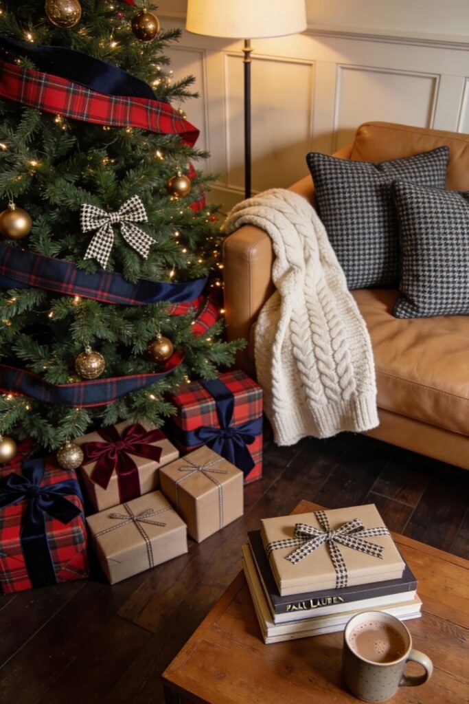 Close-up of a Christmas tree wrapped in red and navy plaid ribbon with gold ornaments, surrounded by kraft and tartan-wrapped gifts next to a leather couch with houndstooth pillows and a cozy knit throw, reflecting refined Christmas décor.