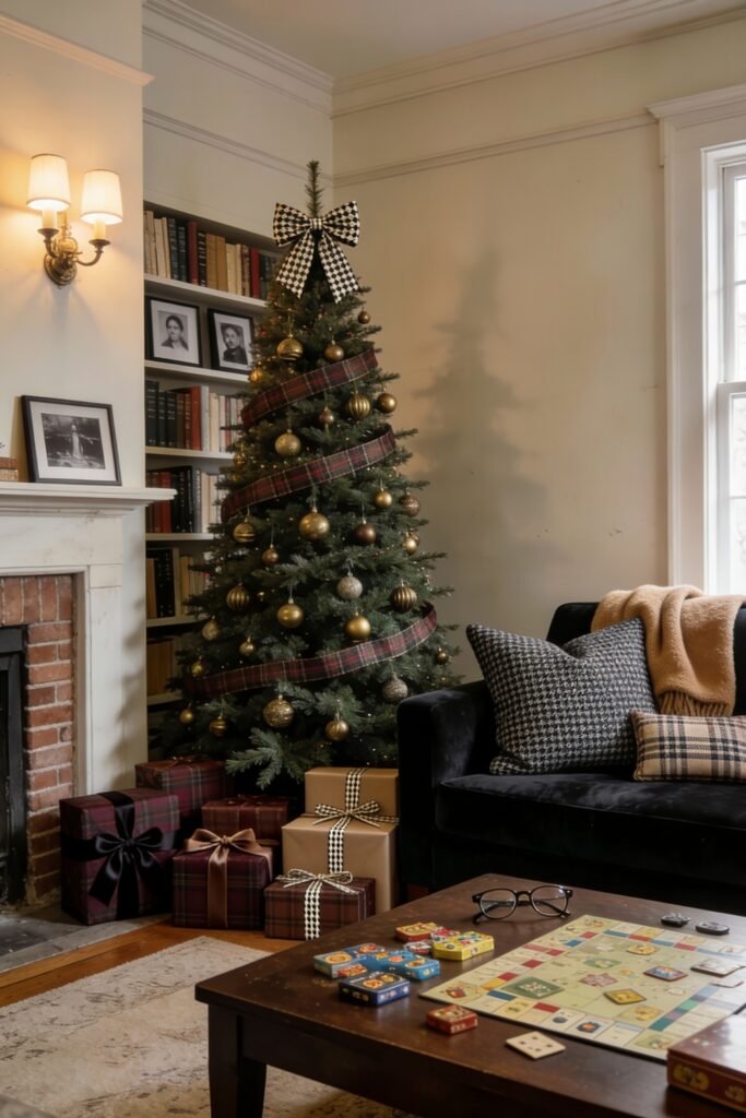 A Christmas tree decorated with gold baubles and plaid ribbon stands in a book-filled corner next to a black sofa with houndstooth pillows, surrounded by tartan-wrapped gifts and a vintage board game, showcasing a cozy ralph lauren christmas tree scene.