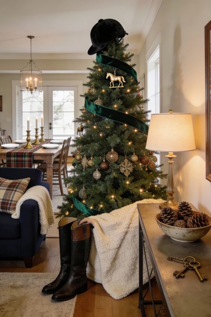 A green Christmas tree wrapped in emerald velvet ribbon and topped with a riding helmet features equestrian-themed ornaments and sits beside a plaid-accented dining space, blending Christmas décor with classic Ralph Lauren-inspired style.