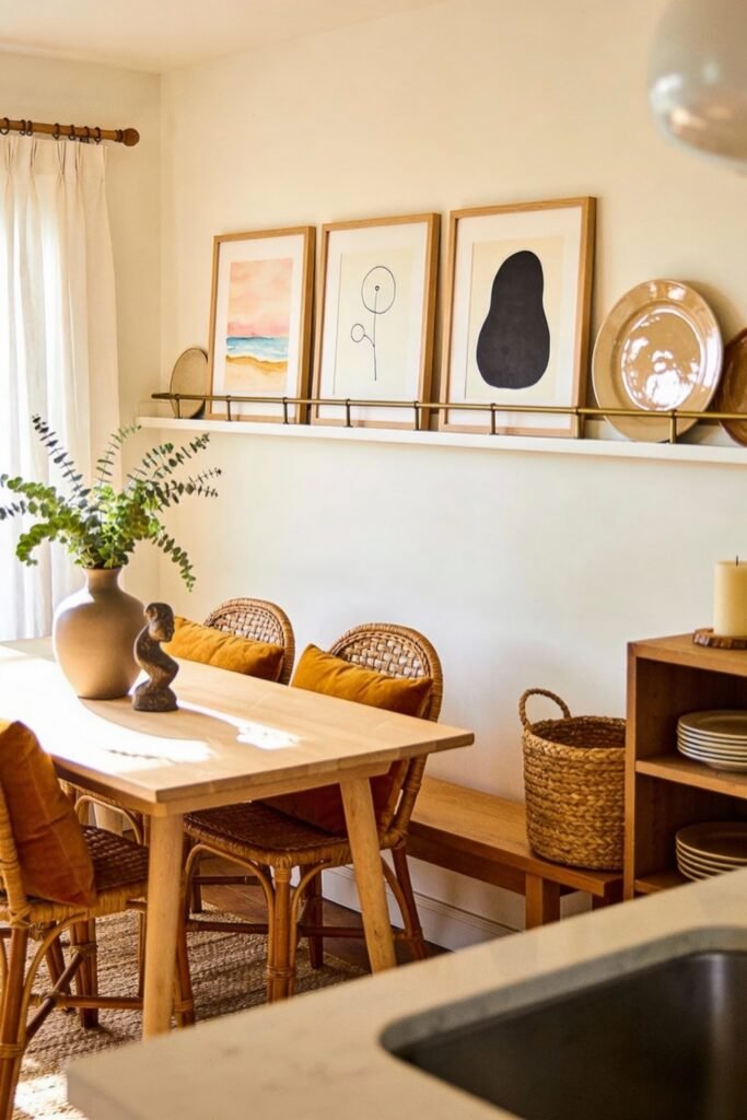 Kitchen Dining Room Combo Ideas That Feel Effortless 19 Sun-drenched dining area connected to a small kitchen, featuring a pale wood table with wicker chairs, golden velvet cushions, and a row of framed artwork above a narrow shelf for a warm and inviting combo space.