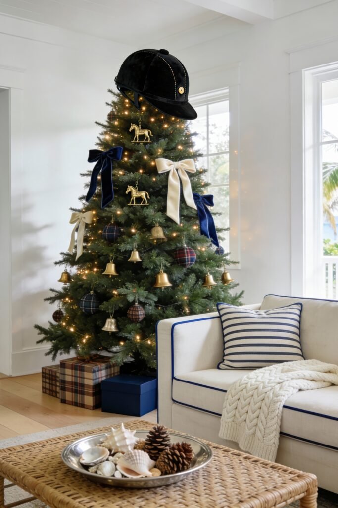 A coastal-themed Christmas tree decorated with navy and ivory bows, gold bells, and horse ornaments, topped with a velvet riding helmet, stands beside a cream sofa with a striped pillow, balancing equestrian charm and breezy elegance.