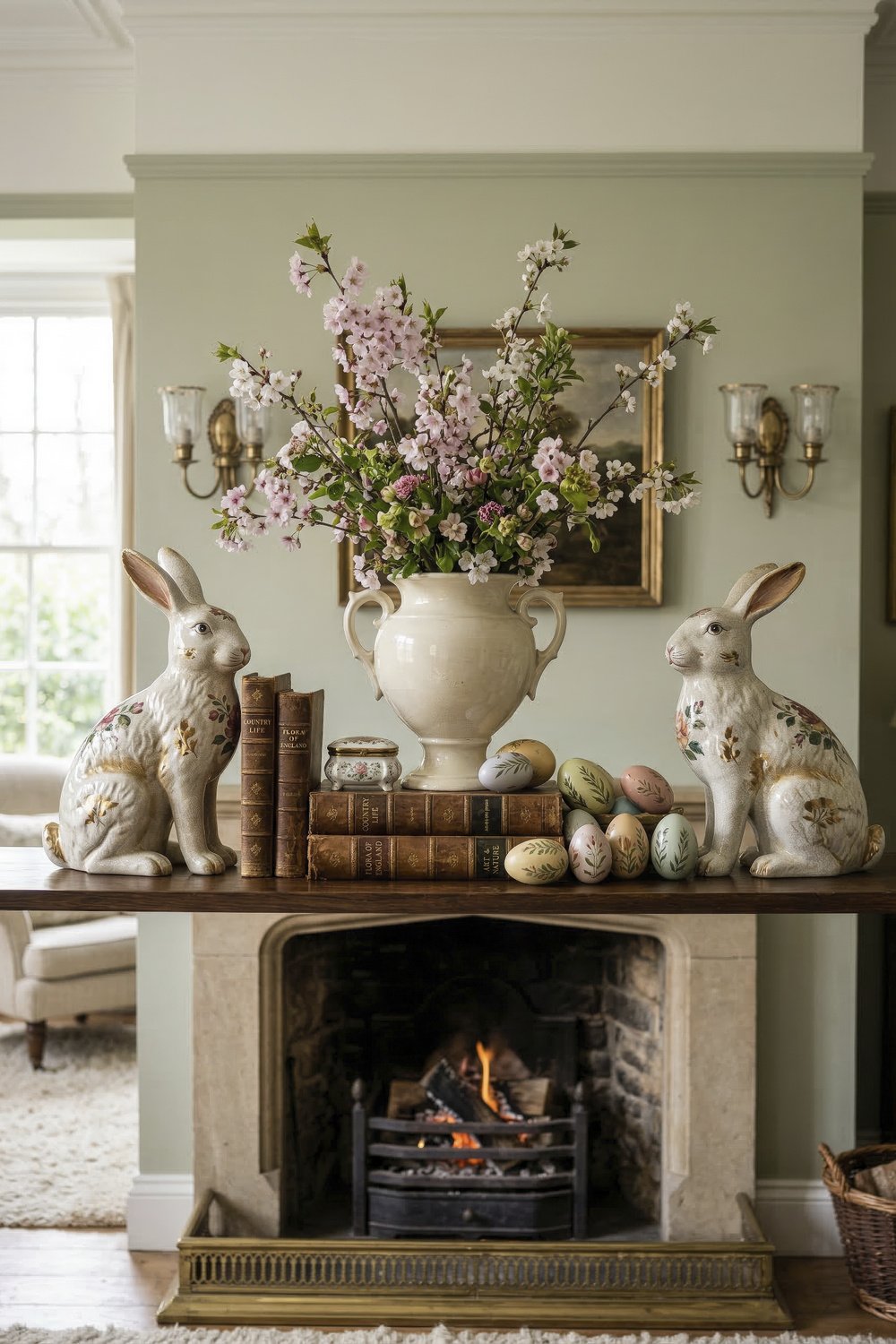 Spring mantel with two floral rabbit statues framing a white vase of blossoming branches books pastel eggs and a lit fireplace