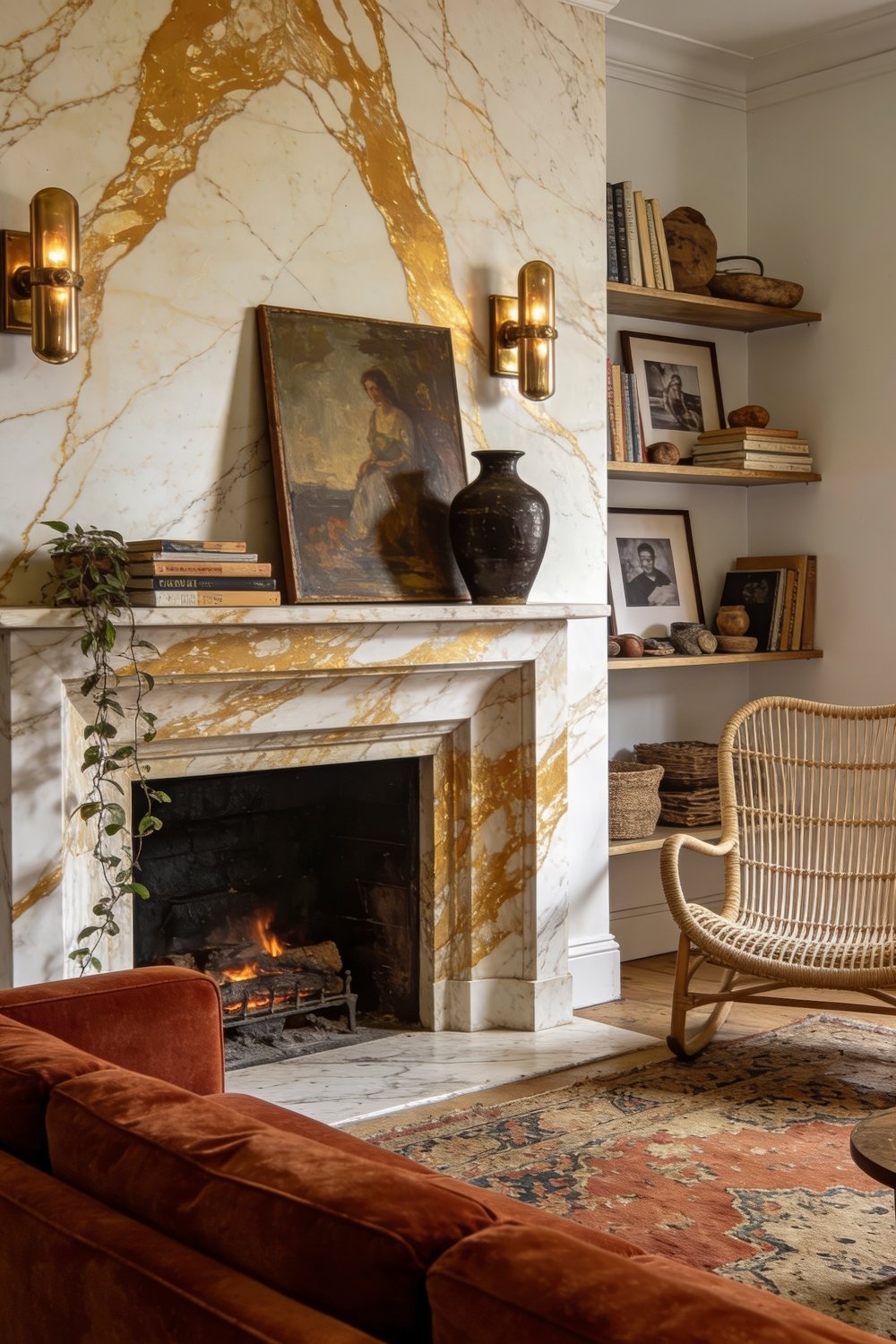 Calacatta Gold Marble Ideas For A Beautiful Apartment Cozy living room with a white and gold marble fireplace featuring brass sconces built in shelves a wicker chair and a rust velvet sofa
