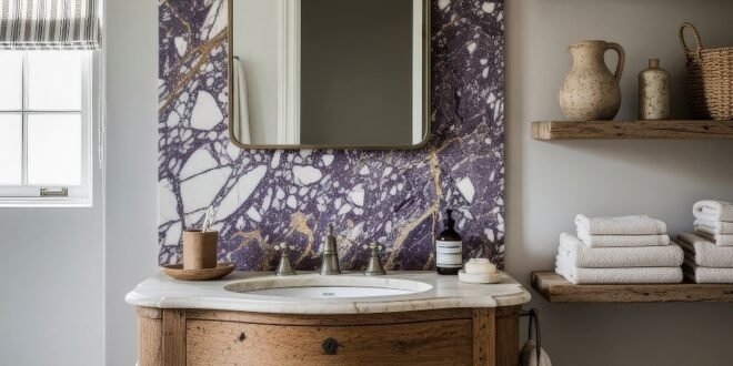 Calacatta Viola Bathroom Ideas for a Richer Look 1 Rustic bathroom vanity with curved wood cabinet and marble sink beneath a Calacatta Viola stone accent wall and open shelves with pottery and towels