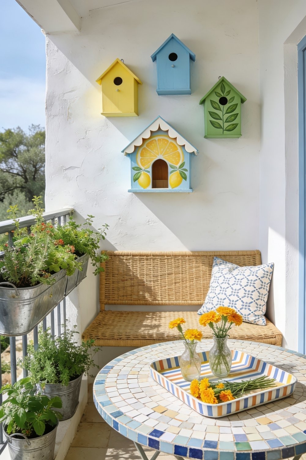 Sunny balcony with colorful birdhouses on a white wall beside a wicker bench mosaic table yellow flowers and potted herbs