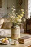 Vintage tea tin used as a vase with pale spring flowers beside pastel eggs and old books on a sunlit coffee table
