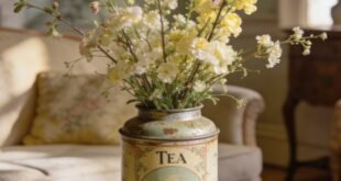 Vintage tea tin used as a vase with pale spring flowers beside pastel eggs and old books on a sunlit coffee table