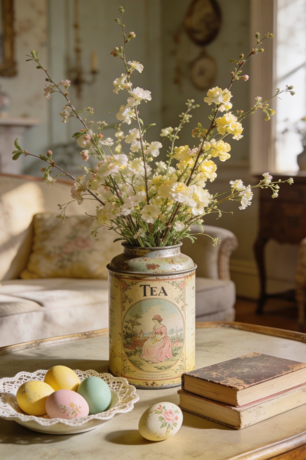 Vintage tea tin used as a vase with pale spring flowers beside pastel eggs and old books on a sunlit coffee table