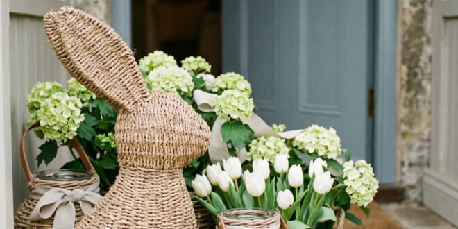 Easter Front Porch Ideas for a Fresh Spring Entry 1 Woven bunny porch decor beside baskets of white tulips and hydrangeas at a blue front door