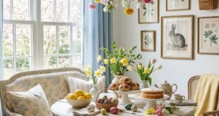 Cottage breakfast nook with pastel ribbon chandelier spring flowers painted eggs cake and tulips beside large windows and vintage botanical wall art