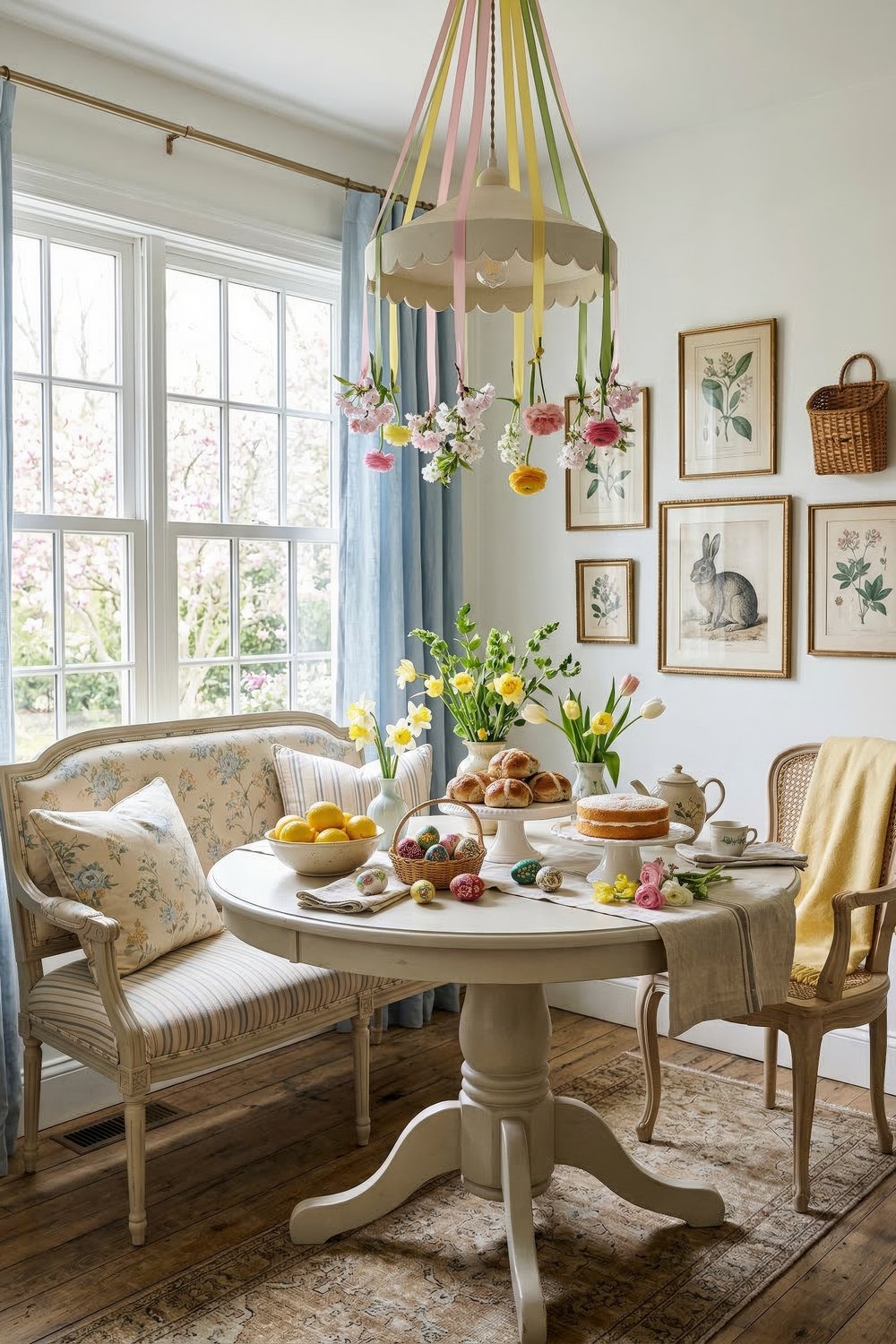 Cottage breakfast nook with pastel ribbon chandelier spring flowers painted eggs cake and tulips beside large windows and vintage botanical wall art