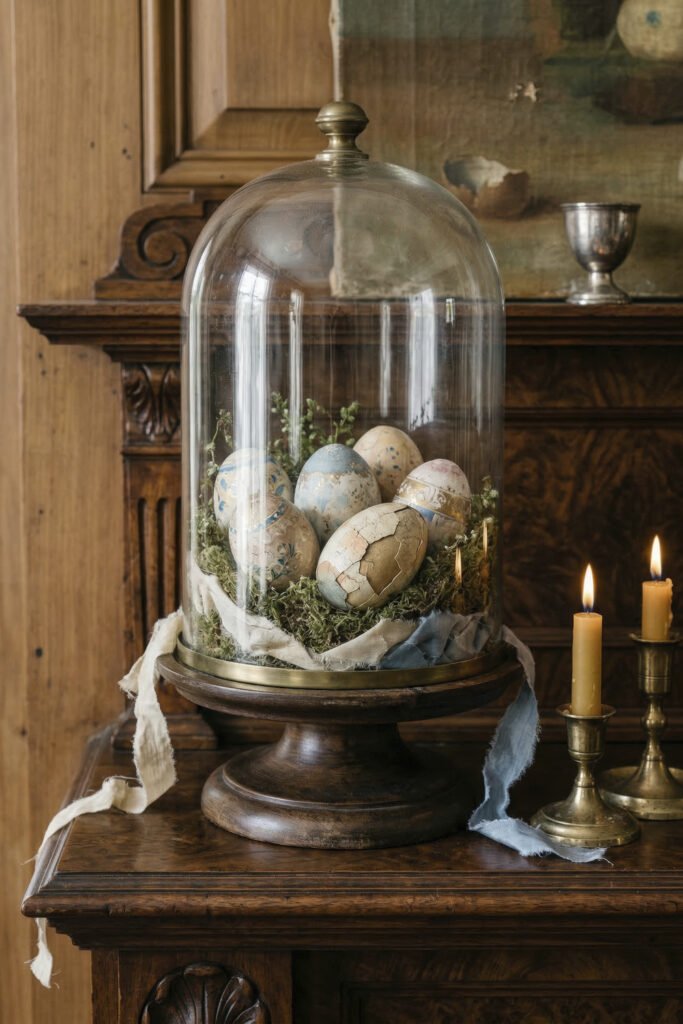 Glass cloche filled with distressed pastel eggs and moss on a wooden pedestal beside brass candlesticks on a dark antique mantel