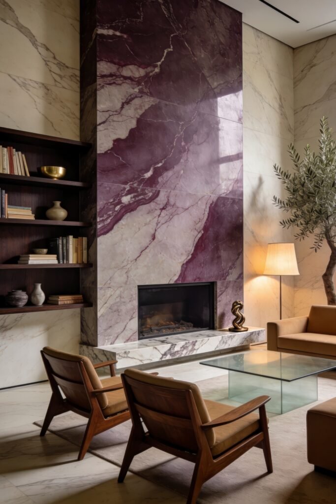 Modern living room with lounge chairs and a glass coffee table facing a tall purple veined marble fireplace wall