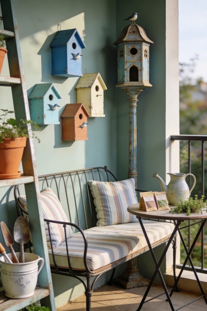 Cute Birdhouse Painting Ideas for Charming Outdoor Style 2 Cozy green balcony with striped bench cushions a small round table and pastel birdhouses mounted beside a vintage ladder