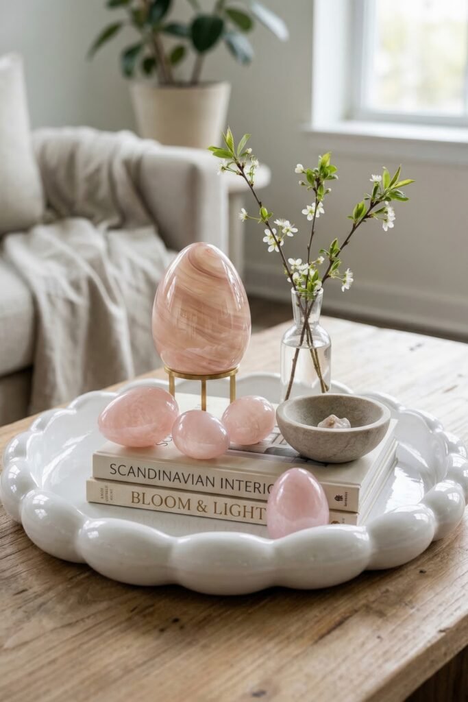 Pink stone eggs and a budding branch displayed on stacked books in a white scalloped tray on a wooden coffee table