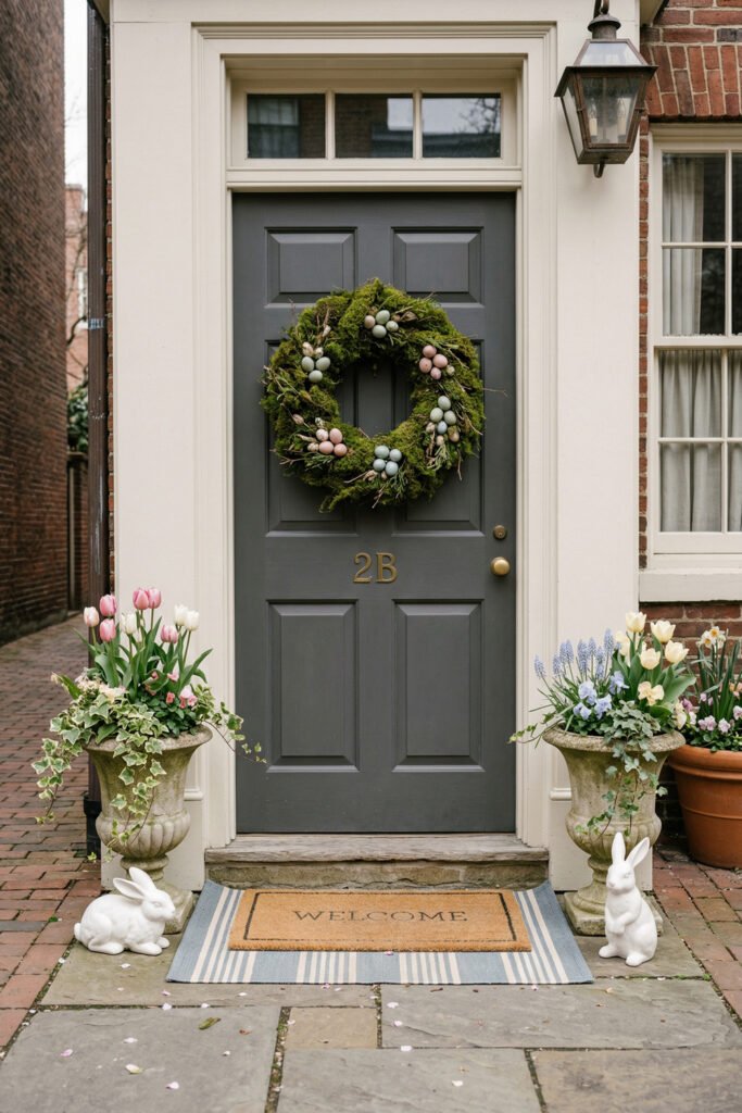 Easter Front Porch Ideas for a Fresh Spring Entry 2 Gray front door with a moss wreath featuring pastel eggs flanked by flower urns white rabbit statues and a welcome mat