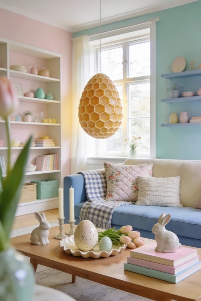 Pastel living room with honeycomb egg pendant blue sofa bunny figurines tulips and speckled eggs on a wooden coffee table by a sunny window