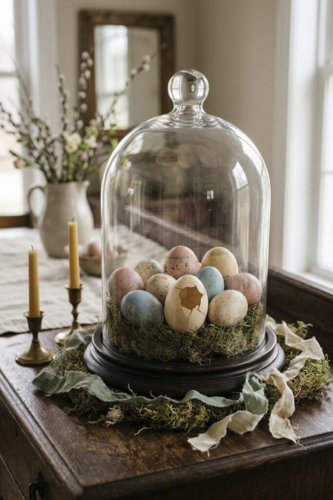 Pastel eggs resting in moss beneath a glass cloche on a wooden table with soft candlelight and spring branches in the background