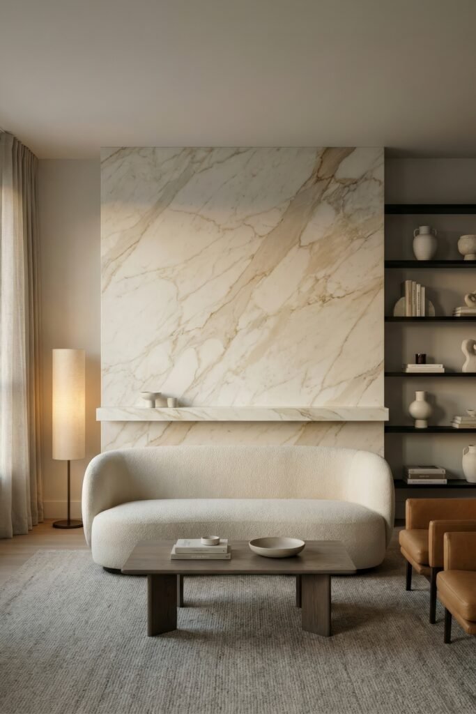 Calacatta Gold Marble Ideas For A Beautiful Apartment 3 Minimalist living room with a curved white sofa against a large pale marble fireplace wall with dark shelves warm lighting and tan armchairs