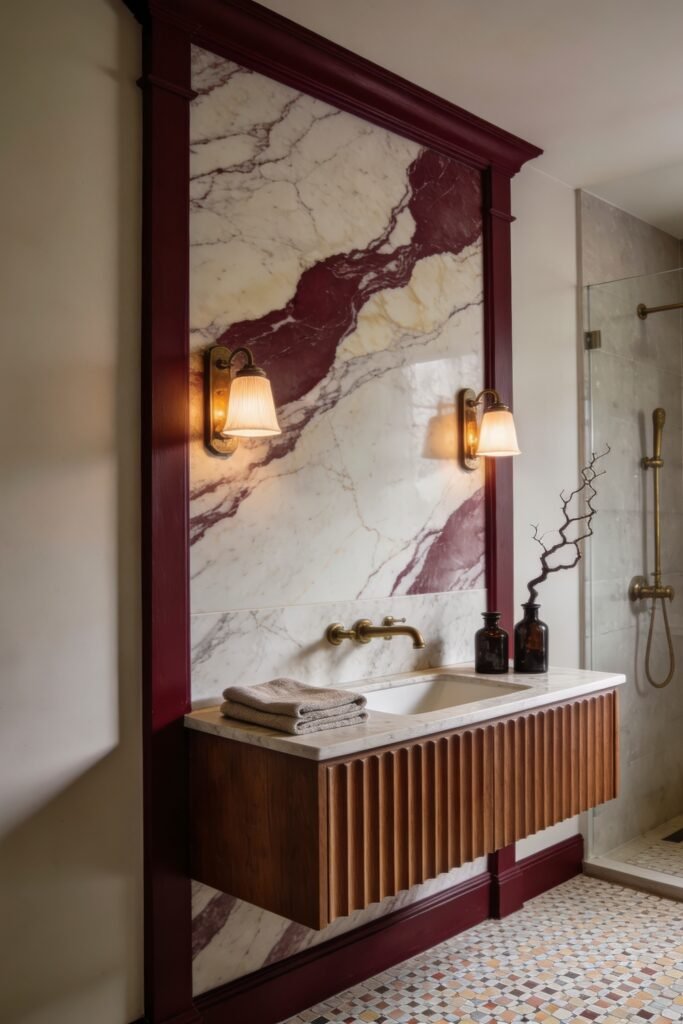 Calacatta Viola Bathroom Ideas for a Richer Look 3 Floating fluted wood vanity with brass sconces and wall mounted faucet against a Calacatta Viola slab backsplash beside a glass shower
