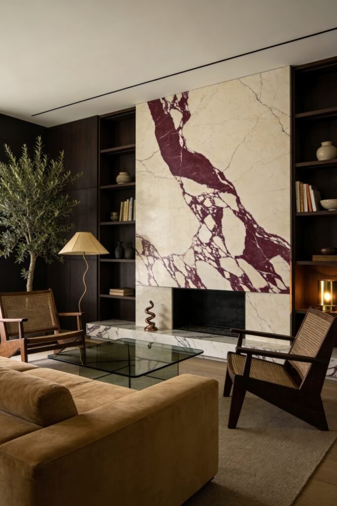 Warm living room with dark wood shelves and woven chairs framing a cream marble fireplace wall with bold purple veining