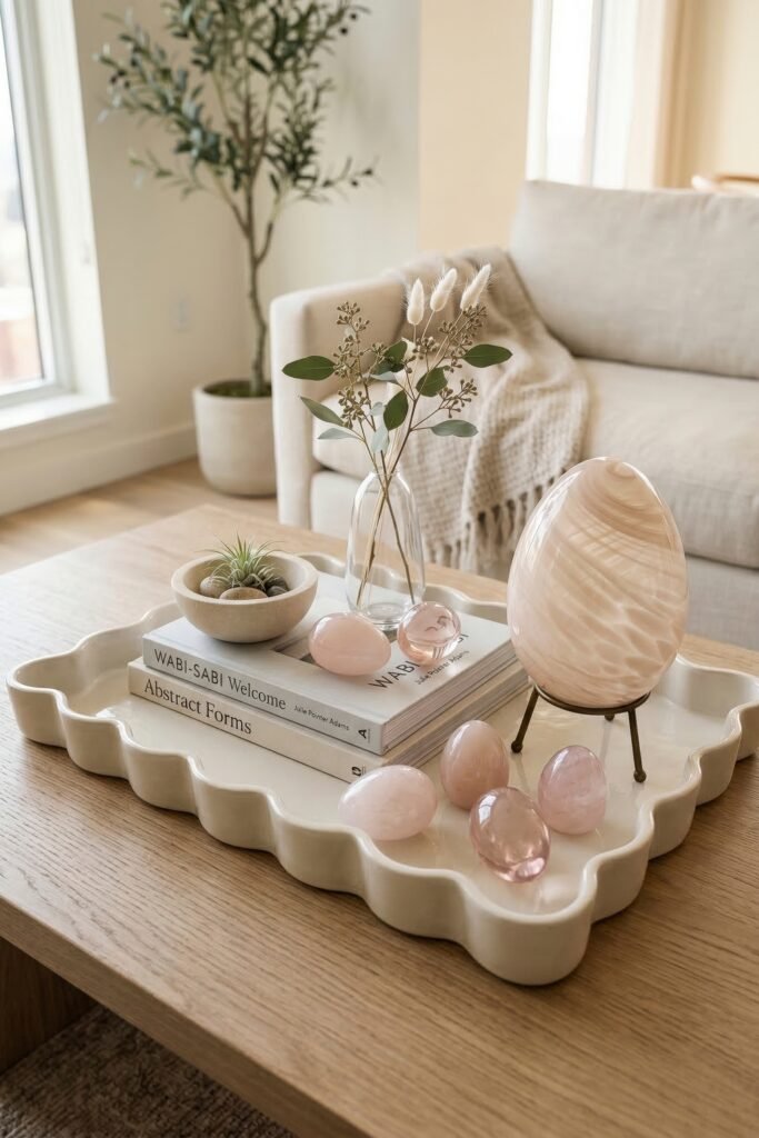Blush stone eggs with a small vase and books arranged on a wavy white tray in a soft neutral living room